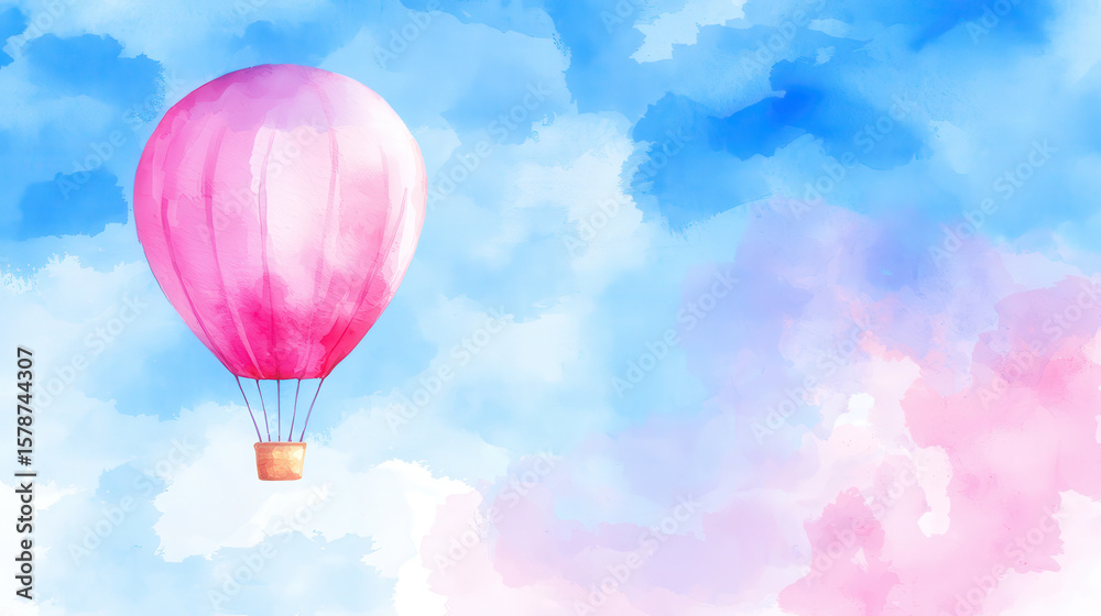 Fototapeta premium Beautiful watercolor design featuring pink hot air balloon soaring through serene blue sky filled with soft clouds