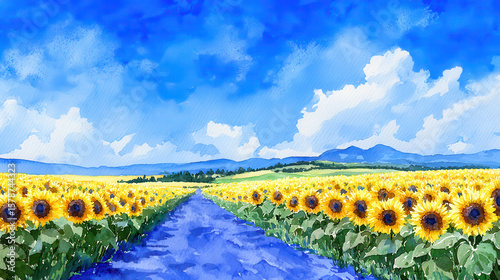 Vibrant watercolor landscape featuring pathway through field of sunflowers bright blue sky with fluffy clouds. scene evokes sense of tranquility