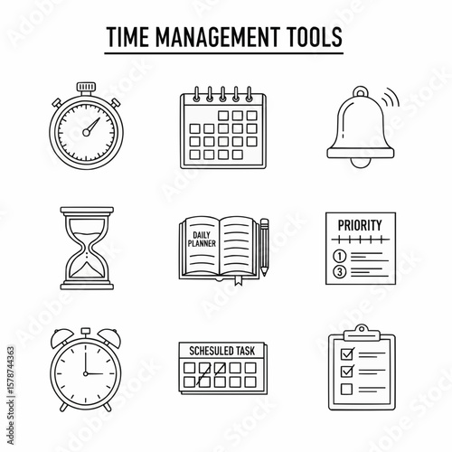 Icon Set Representing Various Time Management Tools and Techniques
