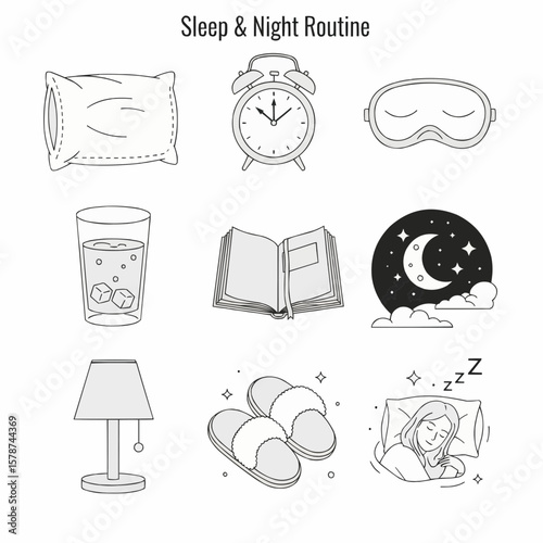 Illustration Representing Sleep and Night Routine Elements and Items