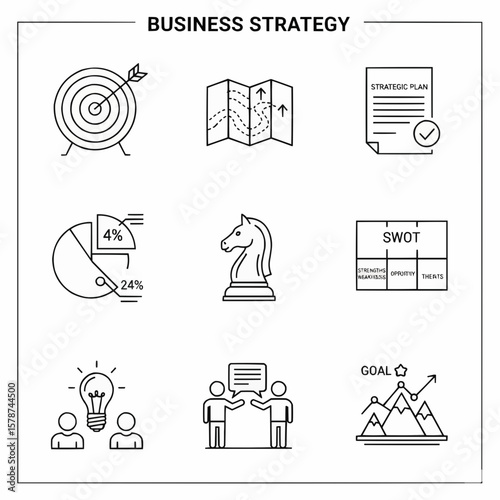 Set of Business Strategy Icons Highlighting Planning and Goal Achievement