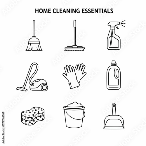 Home Cleaning Essentials Icons Set in Minimalist Black and White Style