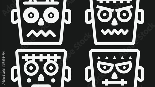 Four stylized white frankenstein monster heads with different expressions on a dark background image