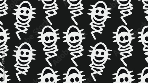 Repeating pattern of white springy smiling faces with spiky hair on a dark background creates a fun design