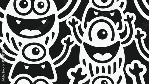 Black and white seamless pattern featuring cartoonish monsters with various expressions and eye counts