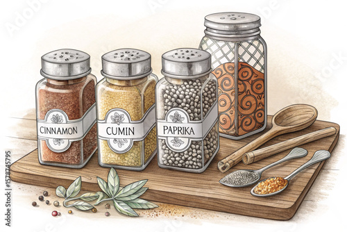 Hand-Drawn Sketch of Spice Jars with Scoops and Vintage Labels in Black and White
