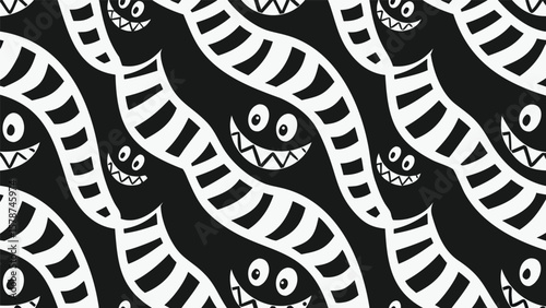 Seamless pattern of striped worms with smiling faces on a black background artfully arranged design