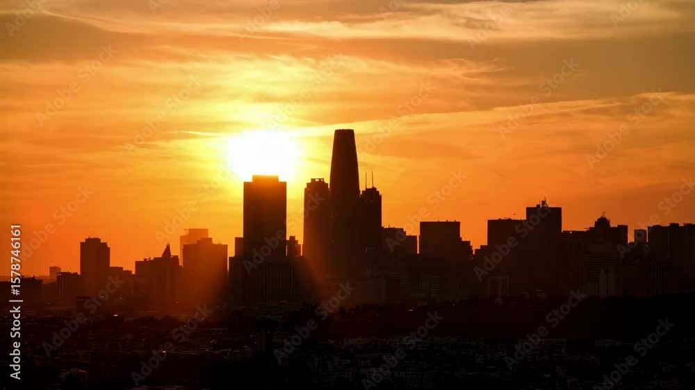 Cityscape Silhouette at Sunset with Golden Sky, featuring urban skyline and glowing sun shining behind the building tops