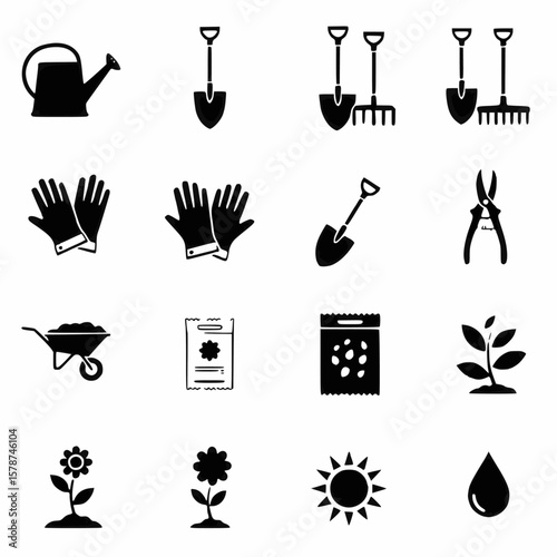 Gardening Essentials Icons: Tools, Seeds, Plants & Watering Elements