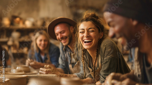 Group of happy friends laughing in pottery workshop, young diverse people learning a new creative hobby, fun community class and handmade craft education, friendship, teamwork and social activity toge