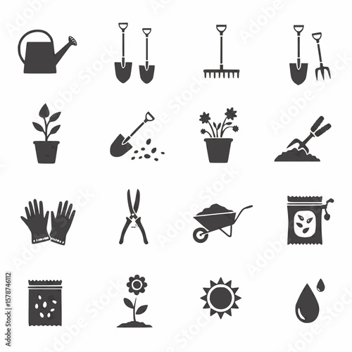 Gardening Tools & Planting Icons: Shovel, Rake, Seeds & Plants
