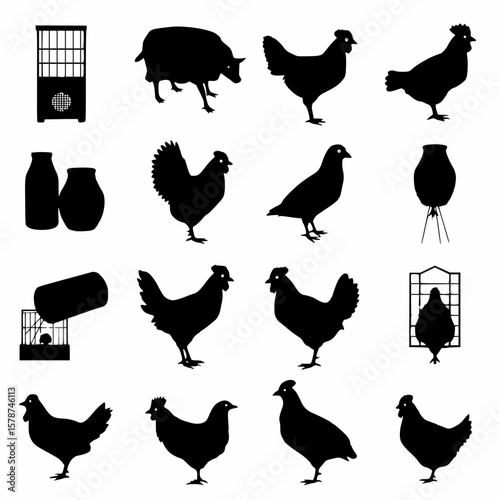 Farm Animals & Produce Silhouettes: Chickens, Sheep, Milk & Coops