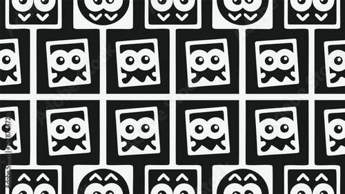 Black and white pattern featuring cartoonish faces and square shapes arranged in a grid like formation