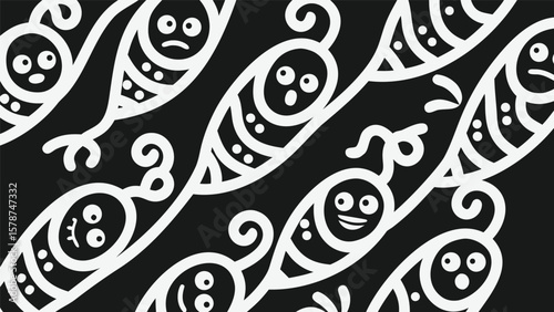 White outlined cartoon pods with faces and curly stems on a black background forming a pattern design