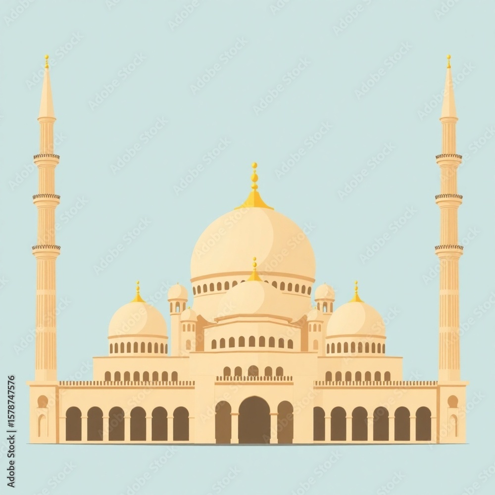 Fototapeta premium Minimalist Ramadan Wall Art Collection - 19.Mosque front view with layered perspective