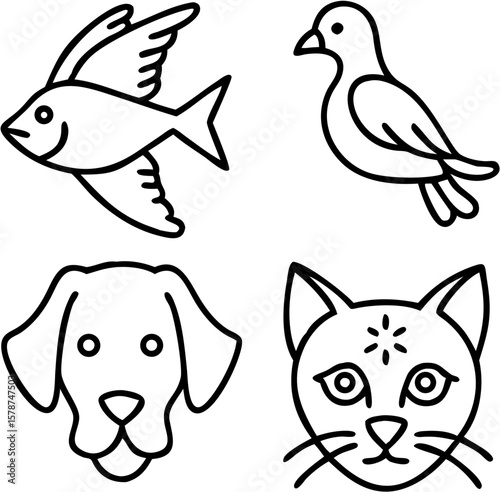 Set of 4 Editable Line Art Vector Icons — Dog Face, Cat Sitting, Flying Bird, Fish with Fins — Minimal Thin Stroke Design for Pet Care, Wildlife, and Animal Concept Illustrations