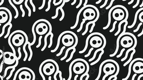 Seamless pattern of stylized jellyfish with two eyes on a black background repeated densely filling space