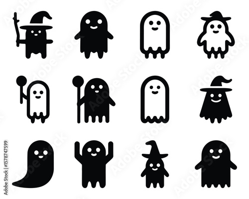 Spooky cute ghost characters halloween vector icon set
