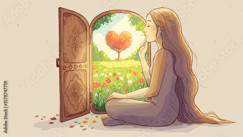 Meditating woman by open door to vibrant heart tree landscape, symbolizing love, peace, and new possibilities