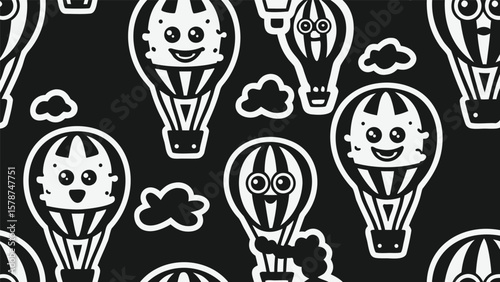 Seamless pattern of cartoon hot air balloons with smiling faces and clouds on a black background design