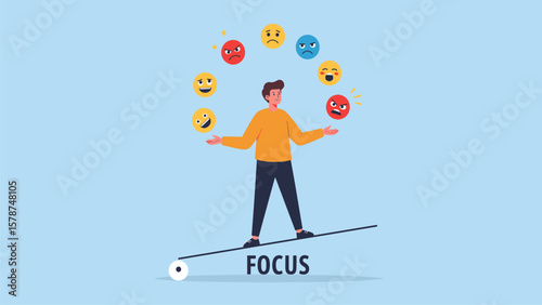 Person balancing on 'FOCUS' beam, juggling various emotions. Concept of emotional intelligence, mental well-being, and stress management.