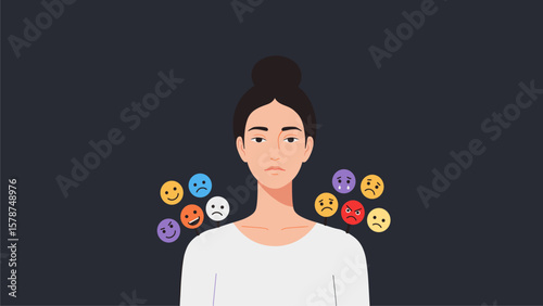 Woman and diverse emoji faces illustrating a spectrum of human emotions and mental states