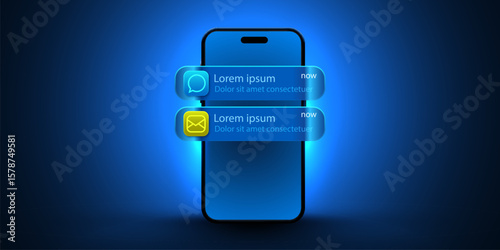 3d mobile phone screen on light glow background with glass notifications. Vector illustration