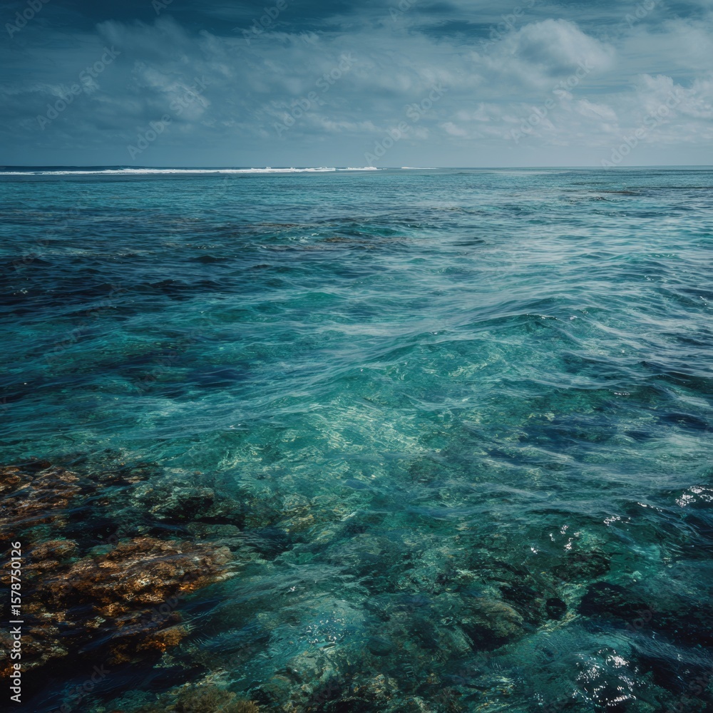 Fototapeta premium Serene Crystal Clear Ocean Water with Gentle Waves and Cloudy Sky