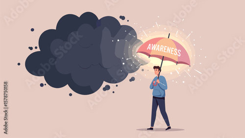 Awareness Umbrella Protecting Person from Dark Cloud. Mental Health, Inner Strength & Overcoming Negativity Concept Illustration.