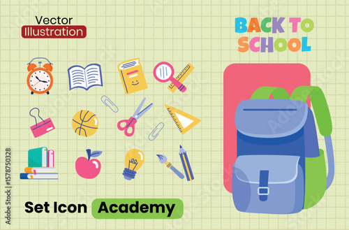 Back to school vector illustration, school supplies set, cartoon style