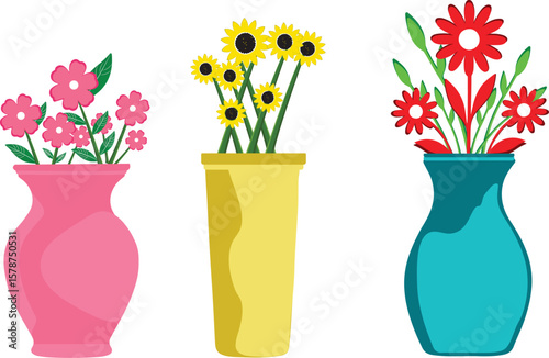 A charming trio of decorative flower vases in pink, yellow, and ocean blue—each with a unique personality and elegant ceramic finish. The pink vase exudes softness and romantic appeal, the yellow vase