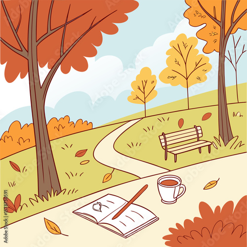Illustration of an open sketchbook featuring autumn leaves and a landscape drawing with a house scene