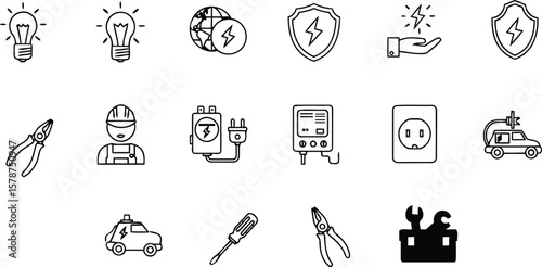 Electricity, Power, and Electrical Engineering Vector Icon Set – Energy, Tools, Electrician, and EV Charging Icons