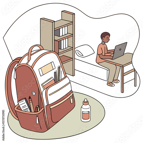 Illustration of a student working on a laptop in a dorm room with a backpack and bookshelf nearby
