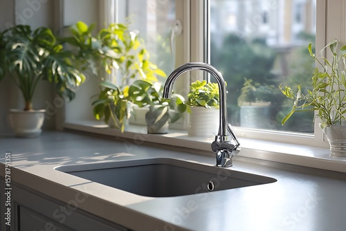 Sleek gray undermount sink with a chrome faucet in a modern kitchen, surrounded by potted plants and natural light from the window. .
