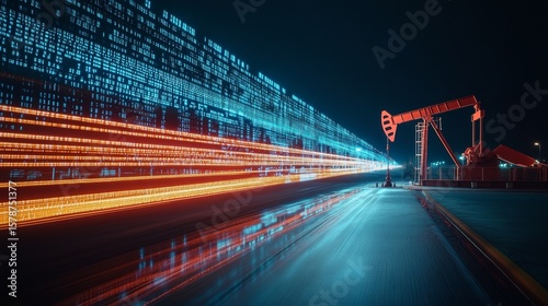 Oil pump jack and data flowing on a highway at night representing digital oilfield