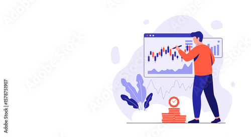 Faceless character analyzing stock data and drawing trend lines using charting software. Flat vector for an investment club proposal with abstract graph background and ample copy space.