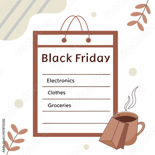 Black friday shopping list with electronics clothes groceries bag and coffee cup in a warm color palette