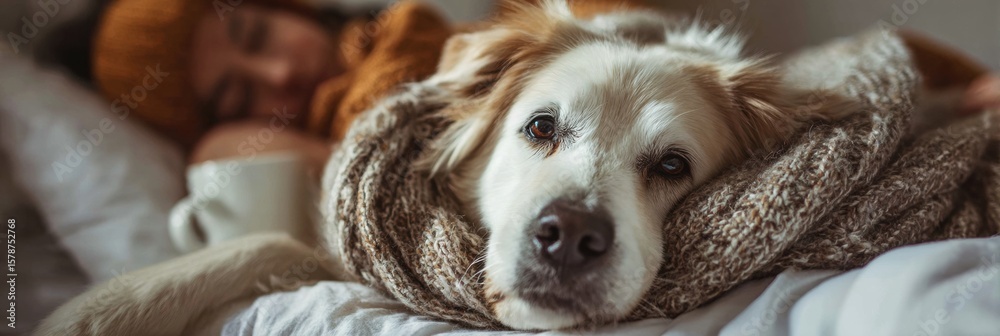 Obraz premium Comforting Dog Wraps Owner in Warmth While Sick in Bed on a Cozy Afternoon With Soft Natural Light