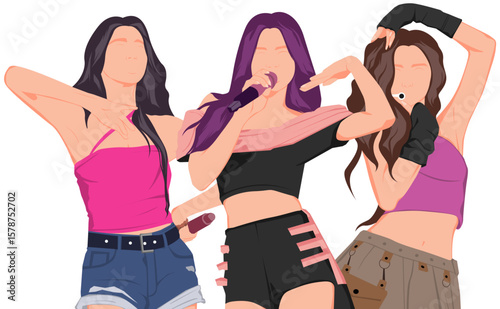 Set vector illustrations of kpop idols singing and dancing on stage. Bundle vector kpop music star. Modern idol group dancer with various different styles, poses and choreography. Korean pop cultures.