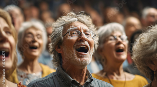 Happy group of seniors singing in a choir, elderly people in joyful worship at church, active aging community and retirement lifestyle, uplifting musical performance with passion and harmony







