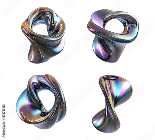 The four images are of a spiral shape with a metallic sheen