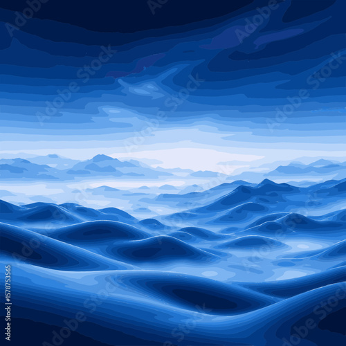 Abstract blue layered landscape with rolling hills and distant mountains under a cloudy sky
