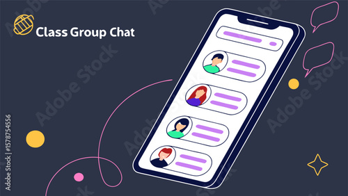 Mobile device displaying a class group chat application with user profiles and message indicators present