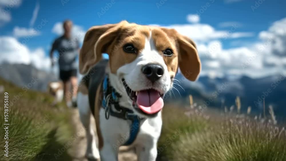 High-energy beagle charging forward across a scenic meadow trail, tongue flapping in the wind, owner in motion blur behind under fluffy clouds and open skies High-energy beagle charging forward across a scenic meadow trail, tongue flapping in the wind, owner in motion blur behind under fluffy clouds and open skies
