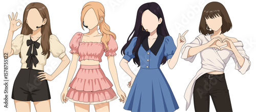 Set vector illustrations of kpop idols singing and dancing on stage. Bundle vector kpop music star. Modern idol group dancer with various different styles, poses and choreography. Korean pop cultures.