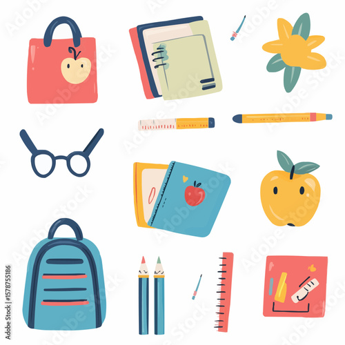 Set of cute school items with clean cartoon shapes and bold colors, perfect for kids product packaging, branded merch or DIY printables