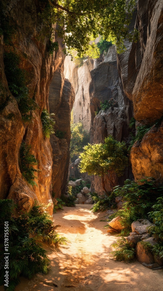 Obraz premium Serene Sunlit Canyon Surrounded by Lush Greenery and Steep Rock Formations in a Majestic Landscape Setting