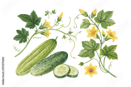 watercolor Cucumber Blossom branch vector illustration isolated on white background