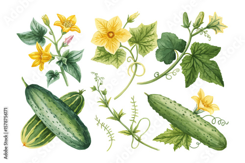 watercolor Cucumber Blossom branch vector illustration isolated on white background